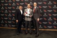 New Arizona Cardinals HC Jonathan Gannon with owner Michael Bidwill and GM Monti Ossenfort